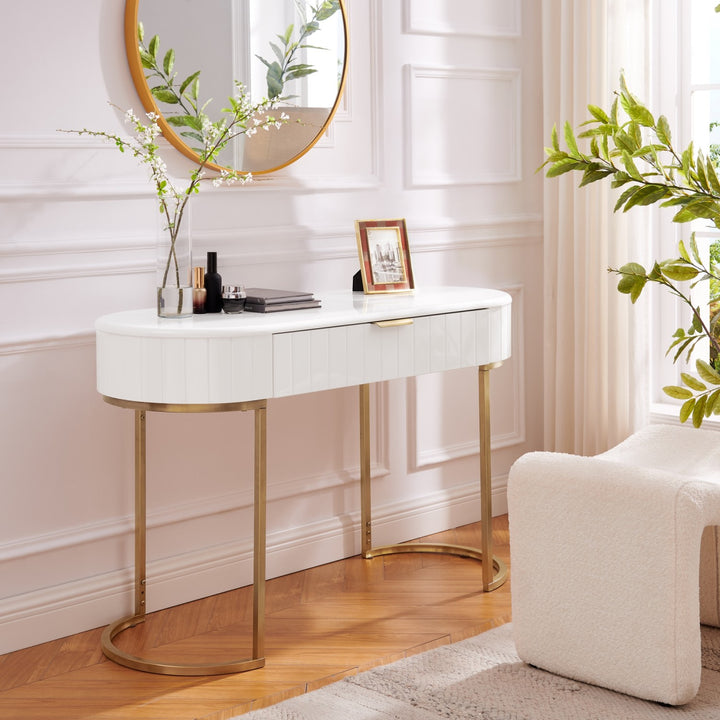 Mordechai Modern Vanity Table curved silhouette and ridged design 1 drawer with minimalist pull, lacquer finish for Bedroom Inspired Home Mordechai Modern Vanity Table curved silhouette and ridged design 1 drawer with minimalist pull, lacquer finish for Bedroom Inspired Home