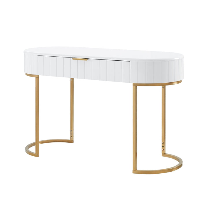 Mordechai Modern Vanity Table curved silhouette and ridged design 1 drawer with minimalist pull, lacquer finish for Bedroom Inspired Home Mordechai Modern Vanity Table curved silhouette and ridged design 1 drawer with minimalist pull, lacquer finish for Bedroom Inspired Home