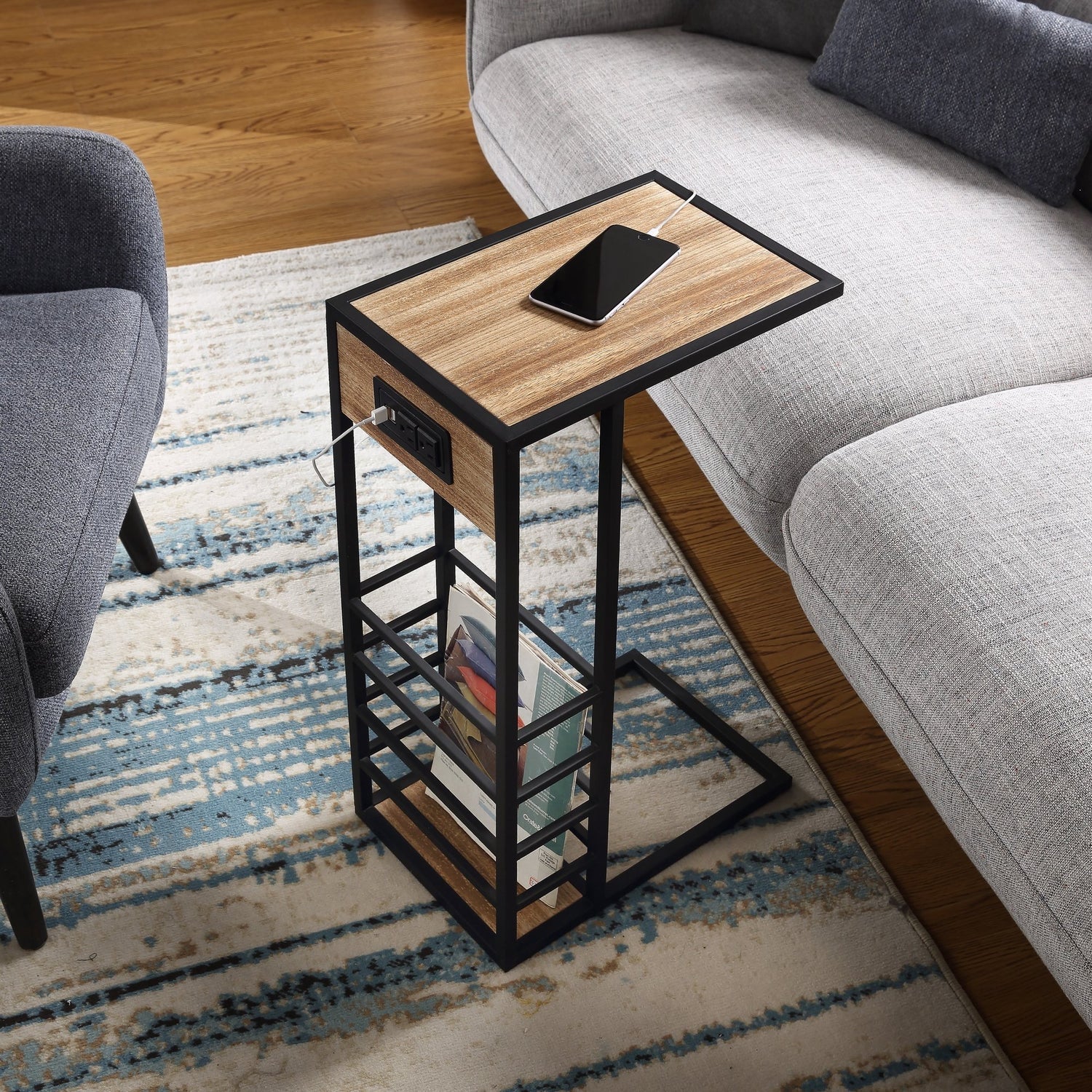 Alder Modern End Table Magazine Holder, 2 USB Charging Ports, 2 Outlets ...