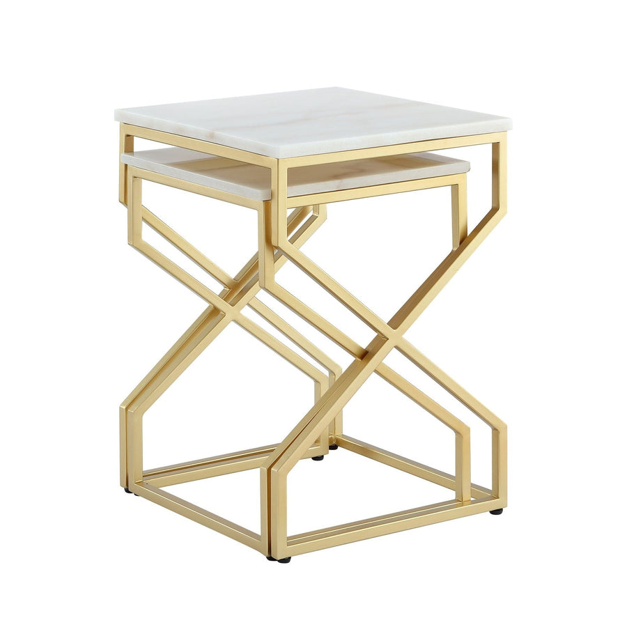 Malou Modern End Table Natural Marble Top Iron Metal Xcross Legs for