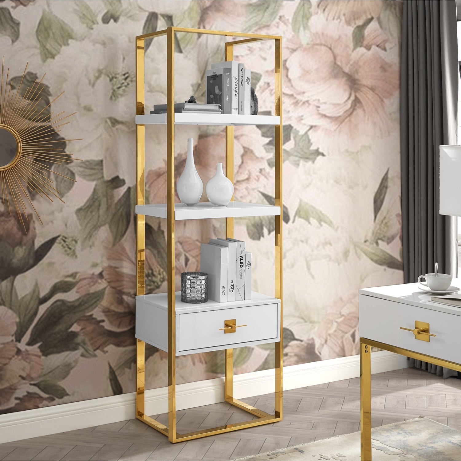 Mandisa Modern Bookshelf 1 Drawer 3 Shelves Hight Gloss Lacquer