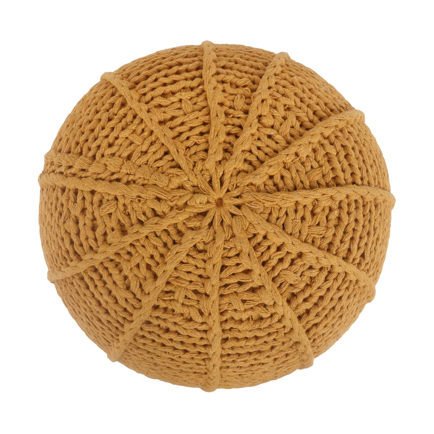 Top-down view of beige knitted pouf showing star-like pattern