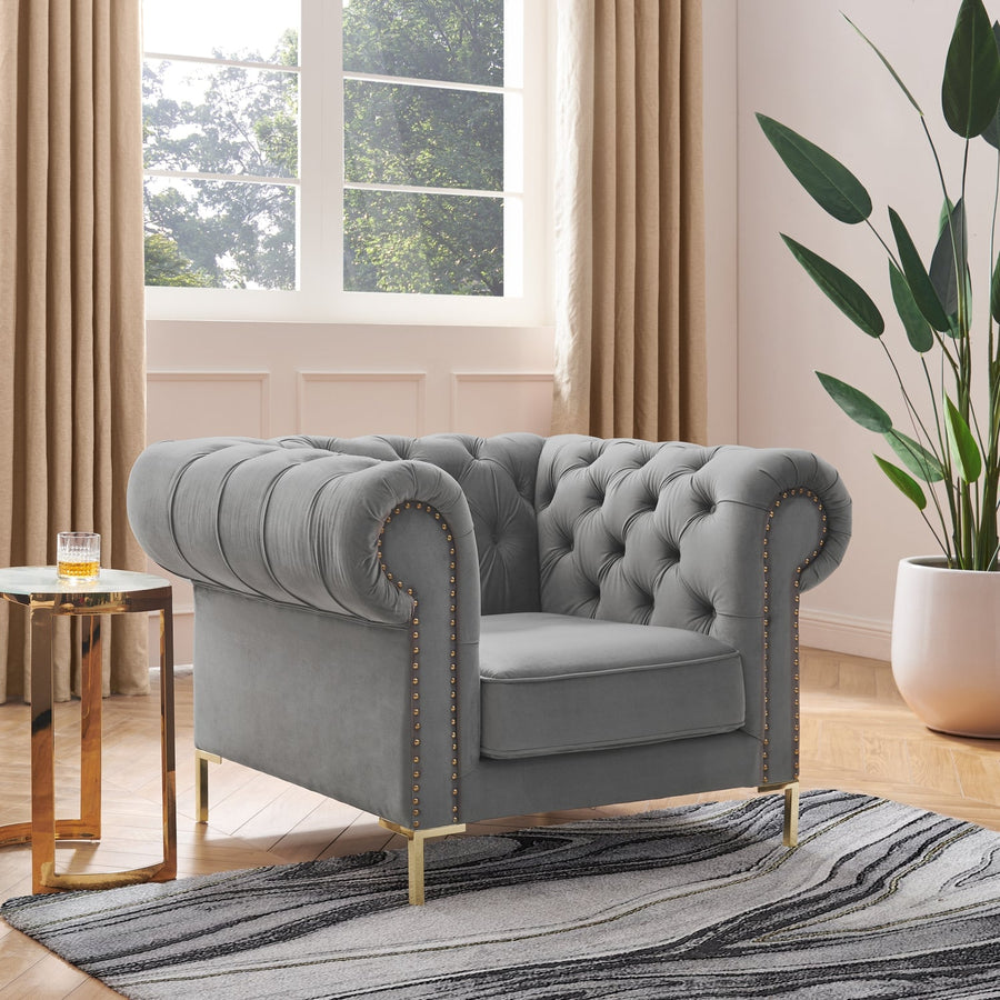 Carolyn Modern Club Chair Button Tufted Gold Nailhead Trim, Sinuous ...